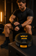 QUIET VOLT Mango caffeine pouch — gym scene, 12 g can