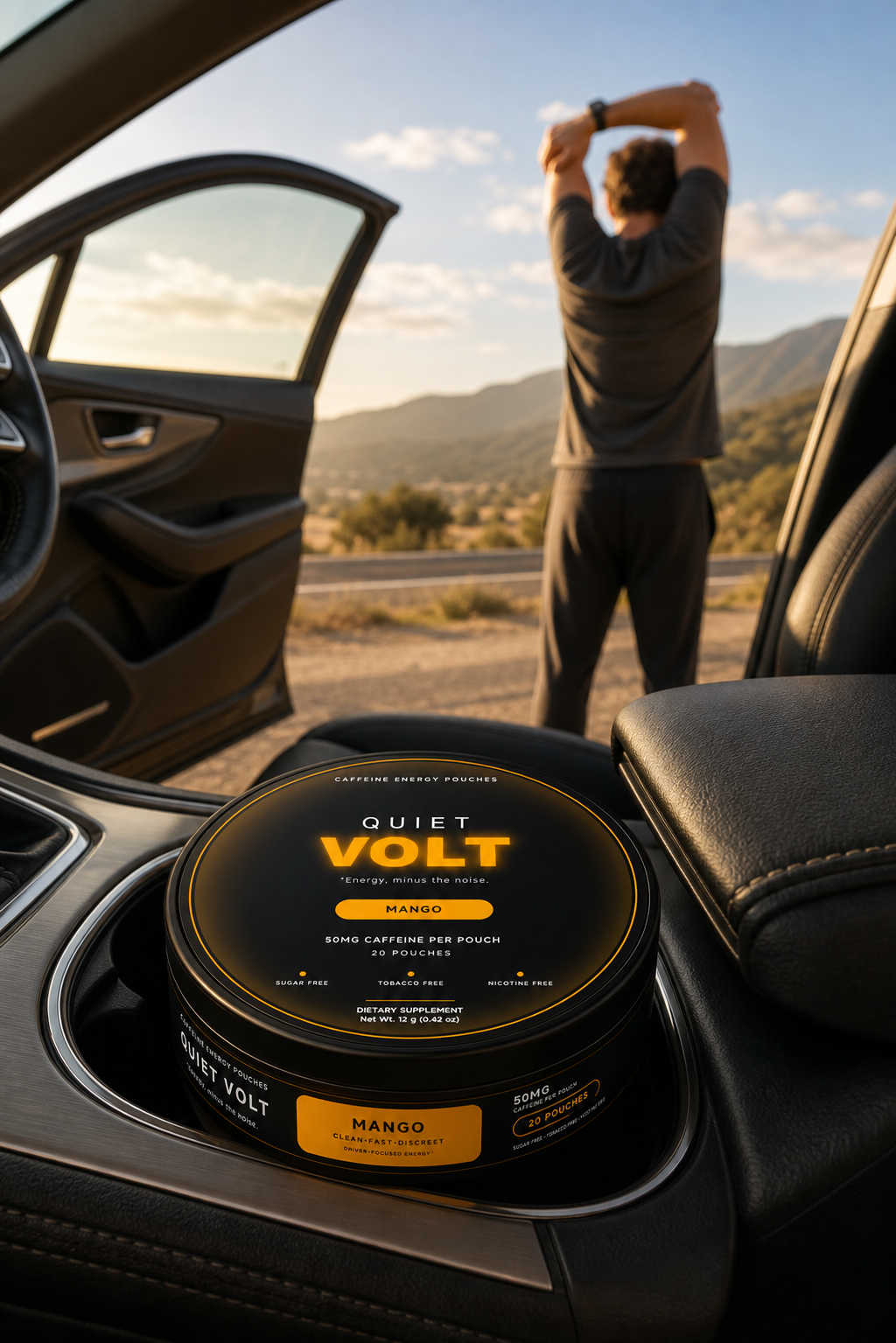 QUIET VOLT Mango caffeine pouch — road trip scene, 12 g can