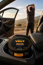 QUIET VOLT Mango caffeine pouch — road trip scene, 12 g can