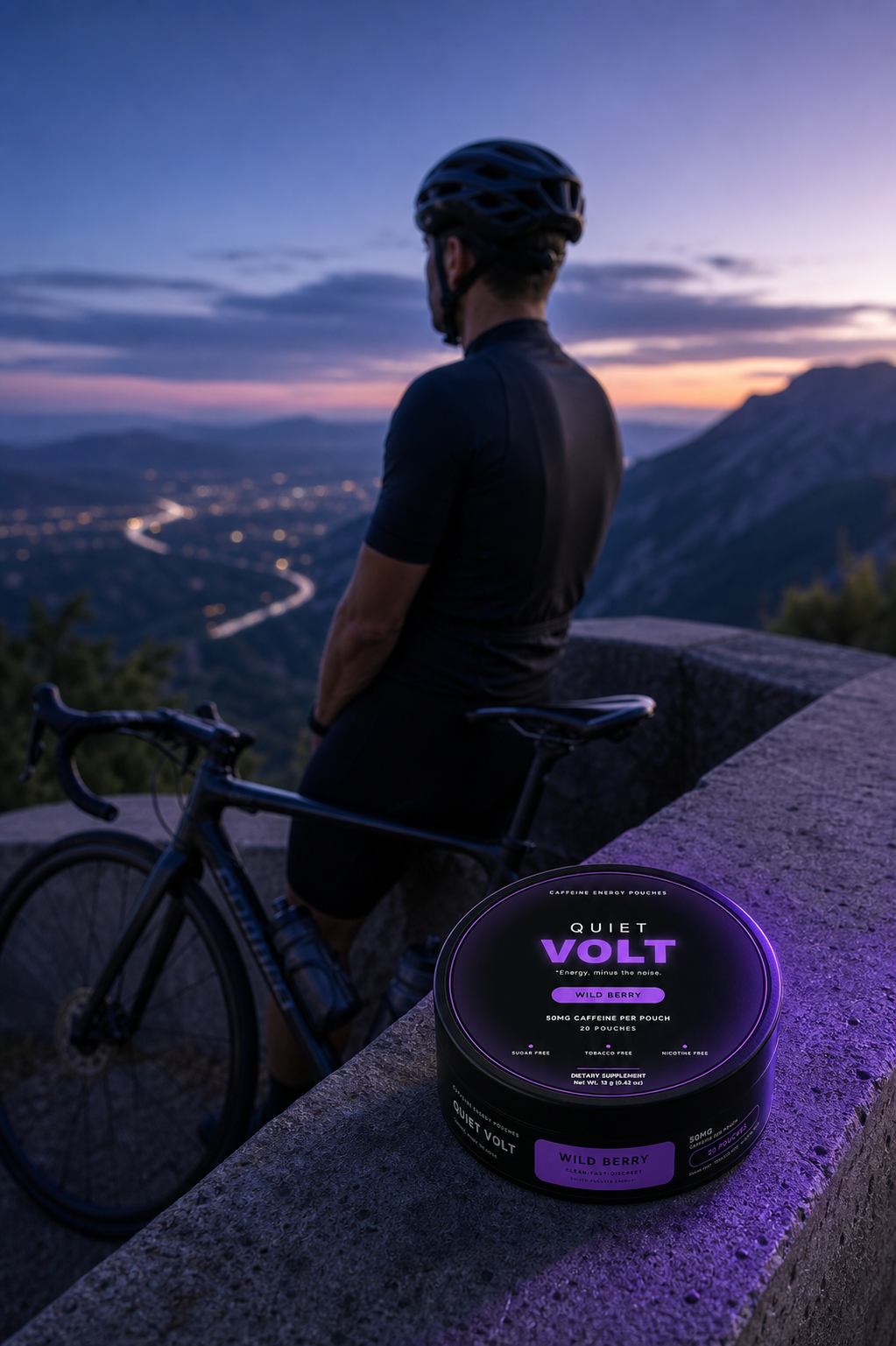 QUIET VOLT Wild Berry caffeine pouch — cycling scene, 12 g can