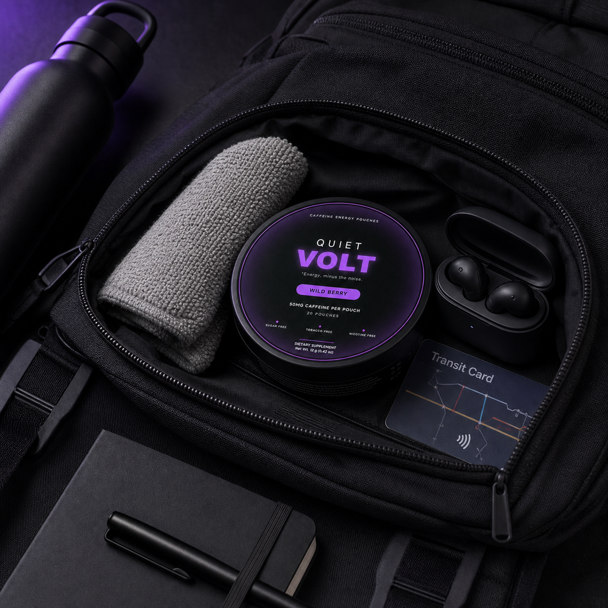 QUIET VOLT Wild Berry caffeine pouch — portability scene, 12 g can