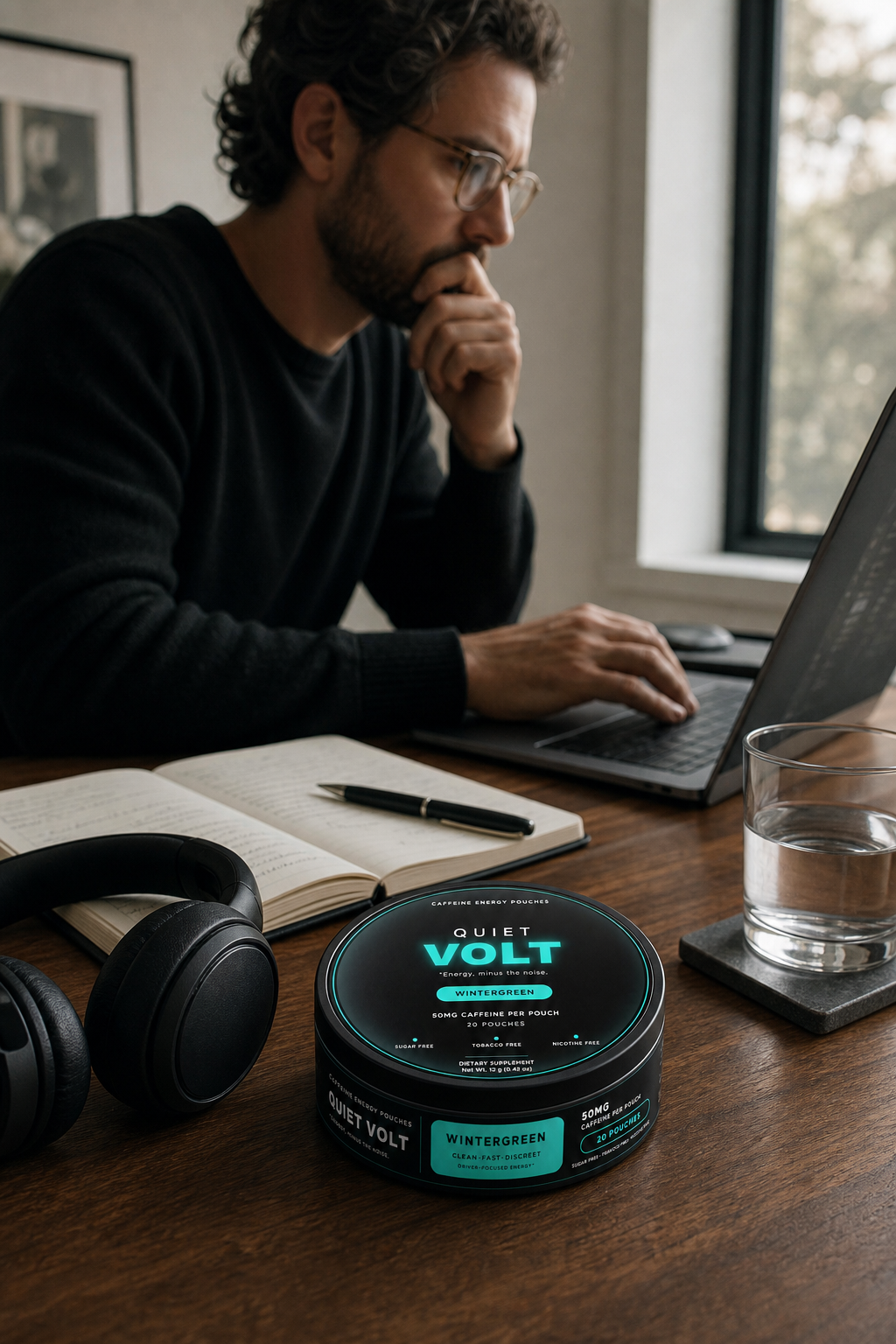 QUIET VOLT Wintergreen caffeine pouch — deep work scene, 12 g can