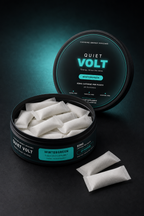 QUIET VOLT Wintergreen caffeine pouch — open tin and pouches, 12 g can