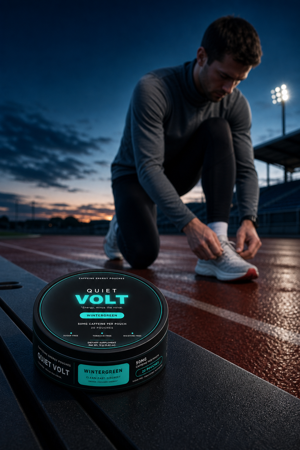 QUIET VOLT Wintergreen caffeine pouch — running scene, 12 g can