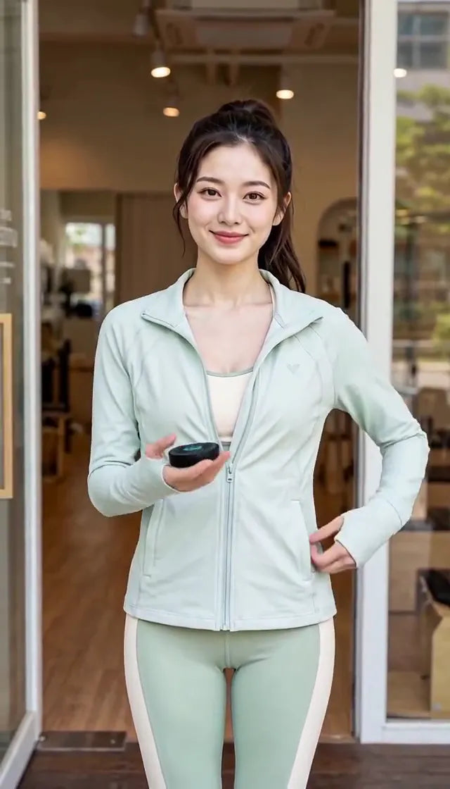 Adult woman holding a small QUIET VOLT Wintergreen can at waist height, in an AI-created lifestyle scene