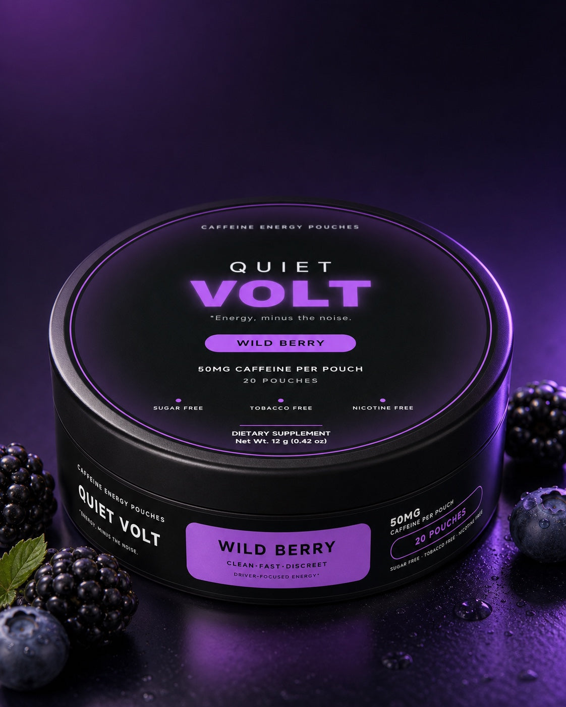 Quiet Volt Wild Berry caffeine pouch can — 12 g net weight