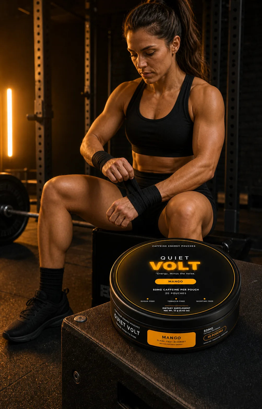 Adult woman athlete adjusting a wrist wrap beside a QUIET VOLT Mango caffeine pouch can